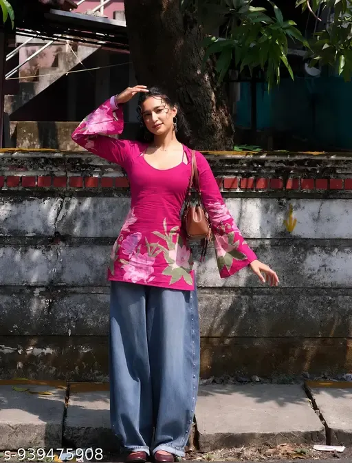 Pink Floral Print Cotton Kurti for Women | A-Line Daily Wear Kurti | The Fashion Base
