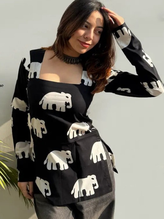 Black Elephant Print Square Neck Kurti Top for Women | The Fashion Base